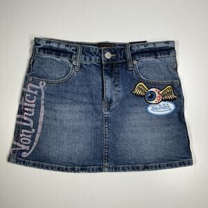 Von Dutch Denim Mini Skirt 25 Y2K NWT Patch Graphic Low Rise McBling 2000s